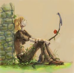 Rule 34 | 1girl, against wall, blonde hair, blunt bangs, blunt ends, breasts, brick wall, broken, broken chain, bug, chain, closed eyes, closed mouth, commentary request, drag-on dragoon, drag-on dragoon 2, fantasy, from side, full body, graphite (medium), holding, manah, overgrown, pants, plant, profile, short bangs, short hair, short sleeves, solo, sunakawa mizuchi, traditional media, vines, yellow background, yellow theme