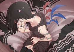 Rule 34 | 1girl, alternate costume, bed, black hair, black hoodie, black thighhighs, casual, clothes lift, collarbone, commentary request, contemporary, covered face, ear piercing, earrings, highres, hood, hoodie, hoodie lift, houjuu nue, jewelry, kawayabug, lifted by self, looking away, middle finger, nail art, nail polish, on bed, piercing, ring, short hair, sitting, snake tattoo, solo, tattoo, thighhighs, touhou