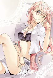 Rule 34 | 1girl, bad id, bad pixiv id, belt, bespectacled, blue eyes, booota, bra, buuta, head rest, female focus, glasses, highres, lace, lace-trimmed bra, lace-trimmed panties, lace trim, leg up, lingerie, long hair, looking at viewer, megurine luka, midriff, nail polish, navel, one eye closed, open clothes, open mouth, open shirt, panties, pink hair, pink nails, red-framed eyewear, shirt, shorts, sitting, skindentation, solo, underwear, vocaloid, wink