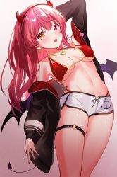 Rule 34 | 1girl, :o, arm behind head, bikini, bikini under clothes, black jacket, black nails, blush, breasts, demon horns, demon tail, demon wings, dolphin shorts, earrings, fake horns, gold trim, heart, heart earrings, heart necklace, heterochromia, highres, hololive, hololive fantasy, horns, houshou marine, houshou marine (summer), jacket, jewelry, kiki-yu, long hair, medium breasts, nail polish, navel, necklace, o-ring, o-ring thigh strap, off shoulder, open mouth, red bikini, red eyes, red hair, shorts, solo, straight hair, swimsuit, tail, thigh strap, virtual youtuber, wings, yellow eyes