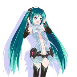Rule 34 | 1girl, absurdres, amino kohaku, aqua eyes, aqua hair, arms up, breasts, bridal gauntlets, center opening, green eyes, green hair, hatsune miku, hatsune miku (append), headphones, highres, long hair, matching hair/eyes, navel, necktie, open mouth, simple background, solo, thighhighs, twintails, very long hair, vocaloid, vocaloid append, white background