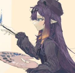 Rule 34 | 1girl, absurdres, beret, black hat, black shirt, blue eyes, blunt bangs, canvas (object), expressionless, gradient hair, hair ornament, hat, highres, holding, holding paintbrush, holding palette, hololive, long hair, multicolored hair, ninomae ina&#039;nis, orange hair, paint, paintbrush, painting (action), painting (object), palette (object), pointy ears, purple hair, shirt, sidelocks, sitting, solo, somewhatdino, tentacle hair, tentacles, very long hair, virtual youtuber