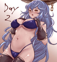 Rule 34 | 1girl, alternate breast size, animal ears, asakura aoshi, bad id, bad pixiv id, bare shoulders, bikini, blue hair, blush, breast expansion, breasts, choker, collarbone, earrings, erune, ferry (granblue fantasy), frilled gloves, frills, gloves, granblue fantasy, jewelry, large breasts, long hair, navel, open mouth, shiny skin, skindentation, solo, swimsuit, tearing up, thighhighs, very long hair, yellow eyes