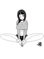 Rule 34 | 1girl, :p, barefoot, blush, breasts, feet, highres, hood, hoodie, large breasts, long hair, looking at viewer, monochrome, short shorts, shorts, toes, tongue, tongue out, wink