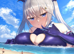 Rule 34 | 1girl, absurdres, alternate hair color, bat hair ornament, bat wings, beach, blue eyes, blush, boat, breasts, cleavage cutout, clothing cutout, collar, crossed bangs, finger to mouth, frilled collar, frills, giant, giantess, grey hair, hair between eyes, hair ornament, highres, large breasts, lien, light rays, long hair, looking at viewer, multiple others, original, size difference, smile, solo focus, star (symbol), star hair ornament, twintails, umi kanata, v-shaped eyebrows, watercraft, wings