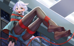 Rule 34 | 1girl, absurdres, ahoge, aibaihe, arms behind back, ass, asticassia school uniform, back-seamed legwear, ball gag, bdsm, black pantyhose, blush, bondage, bound, commentary request, crying, drooling, feet, from below, full body, gag, green jacket, grey eyes, grey hair, gundam, gundam suisei no majo, hair between eyes, highres, jacket, legs, long hair, long sleeves, looking at viewer, miorine rembran, necktie, no shoes, pantyhose, red necktie, restrained, rope, saliva, school uniform, seamed legwear, shibari, shorts, soles, solo, thighs, toes, uniform, very long hair, wide sleeves, wiffle gag, window