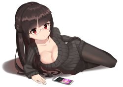 Rule 34 | 1girl, bad anatomy, bad id, bad pixiv id, breasts, brown hair, cellphone, chou shippai-saku, cleavage, glasses, highres, large breasts, long hair, looking at viewer, lying, on side, original, pantyhose, phone, poorly drawn, red eyes, ribbed sweater, simple background, smartphone, solo, sweater, syouko, white background