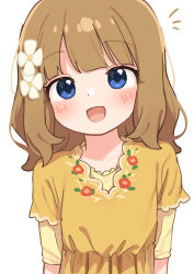 1girl :d absurdres ahoge blue_eyes blunt_bangs blush dot_nose dress eyelashes flat_chest floral_print_dress flower hair_flower hair_ornament highres idolmaster idolmaster_million_live! idolmaster_million_live!_theater_days light_brown_hair long_sleeves looking_at_viewer matanukinuki notice_lines open_mouth orange_dress shirt short_sleeves simple_background smile suou_momoko upper_body white_background yellow_shirt