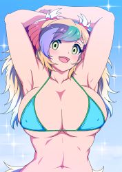 Rule 34 | 1girl, armpits, arms up, bikini, blonde hair, blue bikini, blue hair, blue sky, blush, breasts, collarbone, covered erect nipples, greater bird-of-paradise (kemono friends), green hair, green stripes, hair ornament, happy, highres, kemono friends, large breasts, long hair, looking at viewer, mamiyama, multicolored hair, navel, sky, solo, streaked hair, string bikini, summer, swimsuit, toned, tongue, yellow eyes