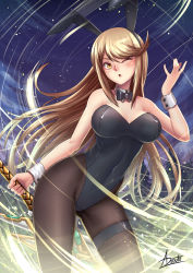 Rule 34 | 1girl, adsouto, alternate costume, animal ears, blonde hair, blush, breasts, cleavage, cleavage cutout, clothing cutout, fake animal ears, fishnet pantyhose, fishnets, highres, holding, holding sword, holding weapon, large breasts, leotard, long hair, looking at viewer, mythra (xenoblade), nintendo, one eye closed, pantyhose, playboy bunny, rabbit ears, smile, solo, swept bangs, sword, very long hair, weapon, xenoblade chronicles (series), xenoblade chronicles 2, yellow eyes