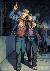 Rule 34 | 2boys, alternate costume, arm around shoulder, bad id, bad tumblr id, bara, bare tree, black hair, blonde hair, breath, couple, cris art, denim, full body, hand on another&#039;s hip, hand up, heads together, holding hands, hulkling, index finger raised, jeans, layered shirt, lightning bolt symbol, long sideburns, male focus, marvel, multiple boys, night, night sky, pants, short hair, sideburns, sky, smile, star (sky), thick eyebrows, tree, walking, wiccan, yaoi