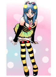 Rule 34 | 1girl, arthropod girl, bee, bee girl, bent over, blue eyes, blue hair, blush, breasts, bug, cleavage, elbow gloves, fingerless gloves, gloves, heart, insect, insect girl, large breasts, leaning forward, matching hair/eyes, miniskirt, monster girl, naughty face, one eye closed, panties, panty pull, shoes, skirt, smile, solo, striped clothes, striped thighhighs, teruchan, thighhighs, tongue, underwear, wings, wink, zettai ryouiki