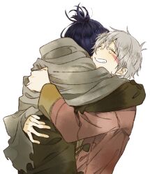 2boys absurdres akubi_sign black_hair body_markings brown_scarf closed_eyes facing_up green_jacket grey_hair grin hair_between_eyes highres hug jacket long_sleeves male_focus multiple_boys nezumi_(no.6) no.6 ponytail red_jacket scarf shion_(no.6) short_hair short_ponytail simple_background smile tears teeth upper_body white_background