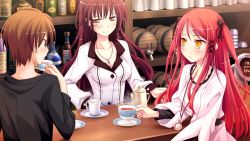 Rule 34 | 1boy, 2girls, arima yousuke, barrel, brown eyes, brown hair, cup, game cg, hinomiya ayari, jewelry, kagami yuuko, ko~cha, monocle, multiple girls, necklace, red hair, witch&#039;s garden, yellow eyes