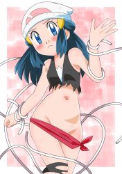 Rule 34 | 1girl, angry, beanie, blue eyes, blue hair, closed mouth, creatures (company), dawn (pokemon), game freak, groin, hainchu, hair ornament, hairclip, hat, highres, long hair, looking at viewer, navel, nintendo, pokemon, pokemon (anime), pokemon dppt (anime), pout, scarf, simple background, solo, torn clothes, torn legwear, unworn scarf