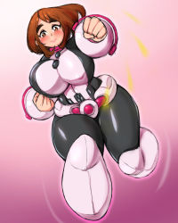 Rule 34 | 1girl, blush, bodysuit, boku no hero academia, boots, breasts, brown eyes, brown hair, closed mouth, curvy, full body, highres, keigi, knee boots, large breasts, looking at viewer, matching hair/eyes, pink background, simple background, skin tight, smile, solo, thick eyebrows, thick thighs, thighs, uraraka ochako