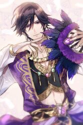 Rule 34 | 1boy, arabian clothes, black hair, black shirt, bridal gauntlets, crop top, earrings, feather fan, feathers, folding fan, gem, green gemstone, hair between eyes, hand fan, highres, holding, holding fan, ichinose tokiya, jewelry, long sleeves, looking at viewer, male focus, midriff, necklace, official alternate costume, open clothes, open robe, patterned background, pink gemstone, purple eyes, purple gemstone, purple robe, robe, shirt, short hair, smile, solo, tan background, upper body, uta no prince-sama, uta no prince-sama: shining live, white bridal gauntlets, white feathers, white sleeves, zaichuu