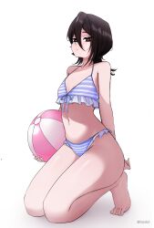 Rule 34 | 1girl, absurdres, arm at side, arm behind back, ball, bare shoulders, barefoot, beachball, bikini, black eyes, black hair, bleach, blue bikini, breasts, bright pupils, closed mouth, commentary, cymh2348, expressionless, frilled bikini, frills, full body, hair between eyes, halterneck, highres, holding, holding ball, holding beachball, kneeling, kuchiki rukia, looking at viewer, navel, short hair, simple background, small breasts, solo, swimsuit, thighs, tiptoes, toes, white background, white pupils