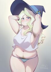 Rule 34 | 1girl, absurdres, armpit hair, armpits, arms behind head, artist name, blonde hair, blue eyes, blush, breasts, closed mouth, cloudxmoe, commentary, cowboy shot, diana cavendish, english commentary, english text, female pubic hair, film grain, hat, highres, large breasts, light green hair, little witch academia, long hair, looking at viewer, multicolored hair, navel, plump, pubic hair, simple background, solo, tareme, thick arms, two-tone hair, wavy hair, witch hat