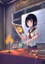 Rule 34 | 1girl, absurdres, bad id, bad pixiv id, black eyes, black hair, blue skirt, bob cut, book, candelabra, candle, candlestand, chemical structure, chemicals, commentary, erlenmeyer flask, fire, flask, flat chest, highres, holding, holding book, indoors, laboratory, magic circle, map, neckerchief, night, original, paper, parted lips, petri dish, pleated skirt, reading, red neckerchief, round-bottom flask, school uniform, serafuku, shirt, short hair, short sleeves, skirt, sky, solo, star (sky), starry sky, tanbonota46, test tube, test tube rack, white shirt, whiteboard, window