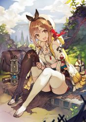 Rule 34 | 1girl, absurdres, animal, animal on shoulder, atelier (series), atelier ryza, atelier ryza 1, backpack, bag, belt, bird, blanket, blue belt, boots, bridal legwear, bright pupils, brown belt, day, flask, hair ornament, hairclip, hat, highres, jewelry, lamp, necklace, official art, open mouth, outdoors, putting on boots, red shorts, reisalin stout, round-bottom flask, shoes, short shorts, shorts, single boot, single shoe, sitting, star (symbol), star necklace, thighhighs, toeless footwear, toeless legwear, toridamono, vial