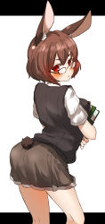 Rule 34 | 1girl, amonitto, animal ears, ass, blush, book, brown hair, carrying, glasses, highres, looking at viewer, original, rabbit ears, rabbit tail, red eyes, shirt, short hair, short sleeves, simple background, skirt, solo, tail, vest