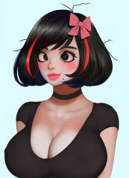 Rule 34 | 1girl, absurdres, black choker, black hair, blue background, blue eyes, blush, bob cut, bow, breasts, choker, cleavage, comic, commentary, cross-eyed, hair bow, highres, large breasts, lipstick, makeup, mole, mole under mouth, multicolored hair, original, randy (awesomevillage), red bow, red hair, short hair, solo, thick lips