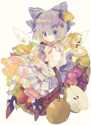 Rule 34 | 1girl, :t, adapted costume, apple, apron, baked potato, basket, blue bow, blue dress, blue eyes, blue footwear, blue hair, blue pantyhose, bow, cirno, closed mouth, commentary, dress, eating, food, fruit, full body, hair bow, hair ornament, high heels, highres, ice, ice wings, leaf hair ornament, long sleeves, looking at viewer, medium hair, nikorashi-ka, pantyhose, pear, shirt, simple background, solo, striped clothes, striped pantyhose, touhou, two-tone pantyhose, white apron, white background, white pantyhose, white shirt, wings
