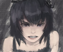 Rule 34 | 1girl, angry, bare shoulders, black hair, camisole, clenched teeth, collarbone, creature, darkness, face, highres, original, riftgarret, short hair, solo, teeth, yami shoujo