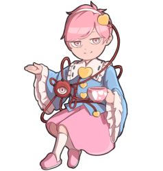 Rule 34 | 1girl, blouse, blue shirt, buttons, chibi, cup, eyeball, frilled shirt collar, frills, hairband, heart, heart of string, holding, holding cup, komeiji satori, long skirt, long sleeves, looking at viewer, mefomefo, pink eyes, pink hair, pink skirt, red footwear, shirt, shoes, short hair, simple background, skirt, smile, solo, subterranean animism, third eye, touhou, wide sleeves