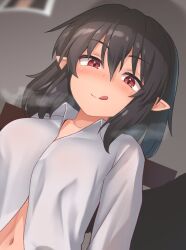 Rule 34 | 1girl, bird wings, black hair, black wings, closed mouth, collared shirt, commentary request, feathered wings, heavy breathing, long sleeves, midriff peek, navel, no headwear, partially unbuttoned, photo (object), pointy ears, red eyes, shameimaru aya, shiratsuki shiori, shirt, short hair, smile, solo, tongue, tongue out, touhou, white shirt, wings