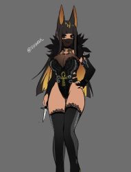Rule 34 | 1girl, animal ears, anput (nsfwolf), belt, black hair, black thighhighs, blonde hair, blunt bangs, blunt ends, breasts, buckle, cleavage, dagger, dark-skinned female, dark skin, elbow gloves, eye of horus, gloves, grey background, greyscale, hand on own hip, highres, hime cut, holding, holding knife, holding weapon, jackal ears, knife, lace, lace-trimmed legwear, lace trim, leotard, looking at viewer, monochrome, mouth veil, nsfwolf, original, see-through, simple background, solo, standing, tagme, thighhighs, veil, weapon