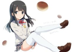 Rule 34 | 1girl, anpan, badge, between legs, black hair, blush, cardigan, chitose yui, collared shirt, dress shirt, eyebrows, food, gotyou, grey eyes, hand between legs, knees up, loafers, long hair, looking at viewer, open mouth, plaid, plaid skirt, pleated skirt, red ribbon, ribbon, school girl strikers, shirt, shoes, simple background, sitting, skirt, solo, thighhighs, thighs, twitter username, white background, white shirt, white thighhighs