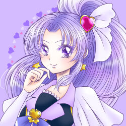 Rule 34 | 1girl, black vest, brooch, closed mouth, cure fortune, earrings, hair ornament, hair ribbon, hand to own mouth, happinesscharge precure!, heart, heart brooch, heart hair ornament, hikawa iona, jewelry, long hair, magical girl, parted bangs, ponytail, precure, purple background, purple eyes, purple hair, ribbon, shirt, shopan (melody1015jump), short sleeves, smile, solo, star (symbol), star earrings, upper body, vest, white ribbon, white shirt, wide ponytail