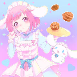 Rule 34 | 1girl, :o, aburi gure, animal ears, apron, blue background, blue bow, blue bowtie, blue dress, blush, bow, bowtie, brooch, buttons, center frills, cinnamon roll, cinnamoroll, commentary request, dog ears, dress, eyelashes, fake animal ears, fingernails, food, frilled apron, frills, gem, gradient background, hands up, heart, highres, holding, holding plate, holding spoon, jewelry, juliet sleeves, long sleeves, looking at viewer, maid headdress, nail polish, ootori emu, open mouth, outline, pink background, pink eyes, pink hair, pink nails, pink ribbon, plate, project sekai, puffy sleeves, purple background, ribbon, sanrio, short hair, sidelocks, simple background, sleeve cuffs, sparkle, spoon, white apron, white outline