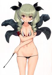 Rule 34 | 10s, 1girl, :p, absurdres, anchovy (girls und panzer), anchovy (girls und panzer), bikini, black panties, blush, bow, bow bikini, breasts squeezed together, breasts, brown eyes, cleavage, crossed arms, drill hair, girls und panzer, gluteal fold, green hair, highres, italian flag, jacket, jacket on shoulders, lowleg, lowleg bikini, medium breasts, micro bikini, panties, riding crop, scan, simple background, solo, string bikini, swimsuit, tongue, tongue out, tony taka, tsurime, twin drills, underwear, white background