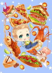 Rule 34 | 1boy, animification, blonde hair, blue eyes, cake, casual, chibi, ee0418, food, fruit, hot dog, ice cream, lime (fruit), lobster, male focus, marvel, pasta, pie, pizza, sandwich, solo, steve rogers