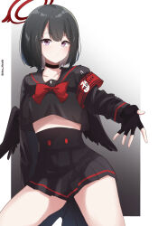 Rule 34 | 1girl, absurdres, armband, badge, black choker, black gloves, black hair, black serafuku, black skirt, black wings, blue archive, bob cut, breasts, choker, closed mouth, collarbone, commentary, english text, feathered wings, fingerless gloves, gloves, hair between eyes, halo, highres, light frown, long sleeves, looking at viewer, mashiro (blue archive), medium breasts, midriff, pinepin, pleated skirt, purple eyes, reaching, reaching towards viewer, school uniform, serafuku, short hair, sidelocks, simple background, skirt, solo, underboob, wings, zoom layer
