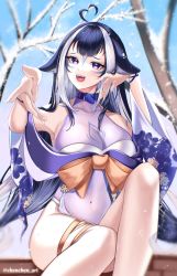 Rule 34 | 1girl, :d, animal ears, artist name, belt collar, black hair, blue collar, body markings, breasts, chenchen, cleavage, collar, covered navel, cross, fangs, highres, hood, indie virtual youtuber, iron cross, large breasts, long hair, looking at viewer, multicolored hair, navel, one-piece swimsuit, open mouth, orca girl, purple eyes, see-through, see-through cleavage, see-through swimsuit, shylily, shylily (3rd costume), smile, streaked hair, swimsuit, thigh strap, virtual youtuber, white hair, white hood, white one-piece swimsuit