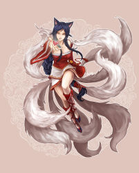 Rule 34 | 1girl, aa2233a, ahri (league of legends), animal ears, bare shoulders, black hair, braid, breasts, brown eyes, cleavage, detached sleeves, facial mark, fox ears, fox tail, heart, highres, korean clothes, kyubey, league of legends, long hair, looking at viewer, multiple tails, outstretched hand, single braid, solo, tail, very long hair, when you see it, whisker markings