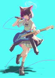 Rule 34 | 1girl, absurdres, animal ears, bass guitar, blue archive, cat ears, clothes around waist, colored inner hair, electric guitar, full body, guitar, halo, highres, holding, holding microphone, instrument, jacket, jacket around waist, kazusa (band) (blue archive), kazusa (blue archive), microphone, multicolored hair, official alternate costume, pink halo, pleated skirt, shirt, skirt, solo, teoh han lin, white shirt