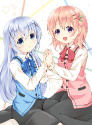 Rule 34 | 2girls, :d, black skirt, blue bow, blue bowtie, blue eyes, blue hair, blue vest, blush, bow, bowtie, breasts, buttons, closed mouth, collared shirt, commentary request, gochuumon wa usagi desu ka?, hair ornament, hairclip, holding hands, hoto cocoa, interlocked fingers, kafuu chino, light blue hair, long hair, long skirt, long sleeves, looking at viewer, multiple girls, open mouth, orange hair, pink vest, pocket, purple eyes, rabbit house uniform, red bow, red bowtie, saiden (konekobotan), shirt, short hair, skirt, small breasts, smile, star (symbol), vest, white background, white shirt, wing collar, x hair ornament