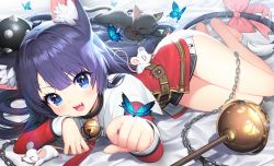 Rule 34 | 1girl, :d, animal ears, bare legs, barefoot, belt, blue eyes, blush, bug, butterfly, cat, cat ears, cat girl, cat tail, chain, epic seven, eyebrows, highres, insect, jewelry, kuang (kzhw7588), looking at viewer, lying, mouse (animal), neck ring, on side, open mouth, purple hair, ribbon, smile, tail, teeth, upper teeth only