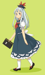 Rule 34 | 1girl, blue eyes, blue hair, blush stickers, bow, chii-kun (seedyoulater), collar, dress, eyebrows, frills, frown, full body, green background, hat, highres, kamishirasawa keine, long hair, looking to the side, matching hair/eyes, neckerchief, notebook, puffy short sleeves, puffy sleeves, shadow, footwear ribbon, shoes, short sleeves, simple background, socks, solo, tareme, touhou, walking