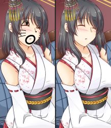 Rule 34 | 10s, 1girl, black hair, blush, comic, commentary request, detached sleeves, closed eyes, facial mark, hair ornament, kantai collection, kotatsu, kuon (nokokopopo), multiple views, nontraditional miko, parted lips, prank, short hair, silent comic, sitting, sleeping, table, yamashiro (kancolle)