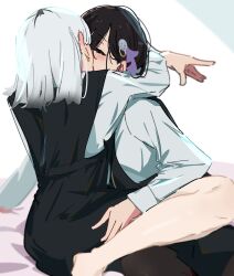 Rule 34 | 2girls, absurdres, arms around neck, atenaba, bare legs, barefoot, black dress, black hair, blush, closed eyes, commentary request, dress, earrings, gradient hair, grey hair, hair ribbon, hand on another&#039;s arm, highres, jewelry, kiss, long sleeves, medium hair, multicolored hair, multiple girls, original, pinafore dress, purple ribbon, ribbon, roots (hair), sitting, sleeveless, sleeveless dress, white dress, white hair, yuri