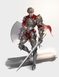 Rule 34 | 1boy, absurdres, armor, black eyes, blonde hair, cape, commentary, cuirass, english commentary, expressionless, fantasy, full body, gauntlets, greaves, grey background, hair behind ear, highres, holding, holding sword, holding weapon, hood, hood down, hooded jacket, jacket, jungwoo, knight, original, pauldrons, red cape, red jacket, shield, short hair, shoulder armor, solo, sword, weapon