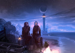 Rule 34 | 2girls, bag, beach, blush, boat, boots, building, city, cloak, closed eyes, cloud, cup, dark, drink, drinking, fence, grass, happy, horizon, horns, kionaoki, lantern, lighthouse, long hair, mittens, moon, multiple girls, night, night sky, ocean, oni, open mouth, original, purple hair, red eyes, red hair, sack, scenery, ship, sky, smile, staff, star (sky), steam, traditional youkai, tree, wall, water, watercraft, winter clothes