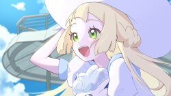 1girl :d alolan_form alolan_vulpix blonde_hair creatures_(company) eyelashes game_freak gen_7_pokemon green_eyes hat holding holding_pokemon lillie_(pokemon) long_hair nintendo open_mouth pokemon pokemon_(anime) pokemon_(creature) pokemon_sm_(anime) puffy_short_sleeves puffy_sleeves seiun_(hoshigumo_72) shirt short_sleeves smile teeth upper_body upper_teeth_only white_hat white_shirt