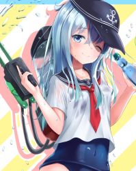 Rule 34 | 10s, 1girl, akabane hibame, anchor symbol, blue eyes, blue hat, blue sailor collar, bottle, covered navel, cowboy shot, flat cap, gun, hat, hibiki (kancolle), kantai collection, long hair, machinery, neckerchief, no pants, one eye closed, ramune, red neckerchief, sailor collar, school swimsuit, school uniform, serafuku, silver hair, smokestack, solo, standing, swimsuit, swimsuit under clothes, weapon